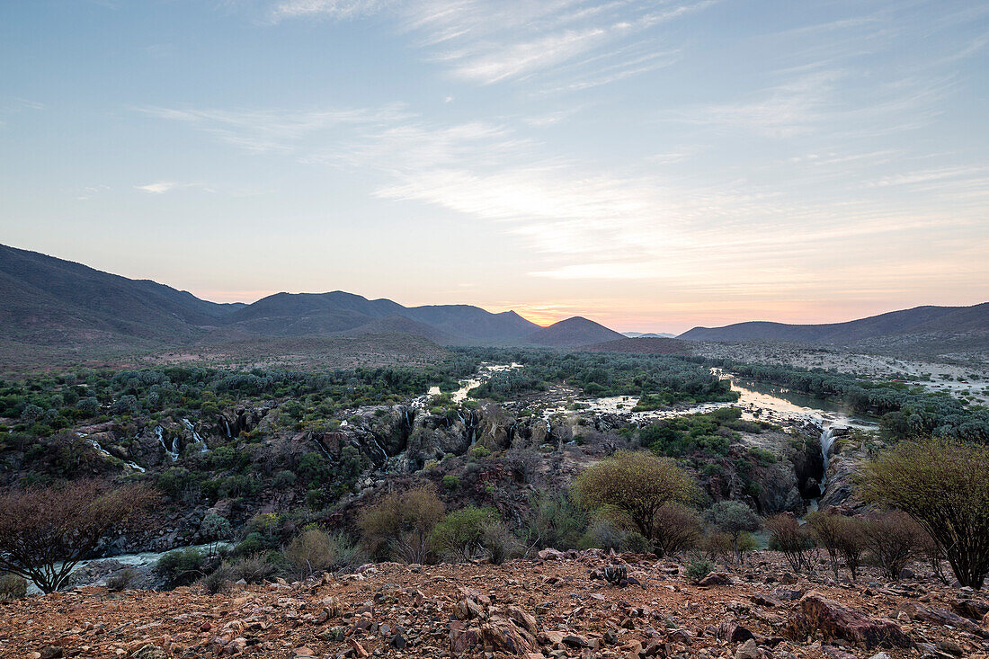 Kunene River and Epupa falls, Angola to the left, Kunene, Namibia, Africa.