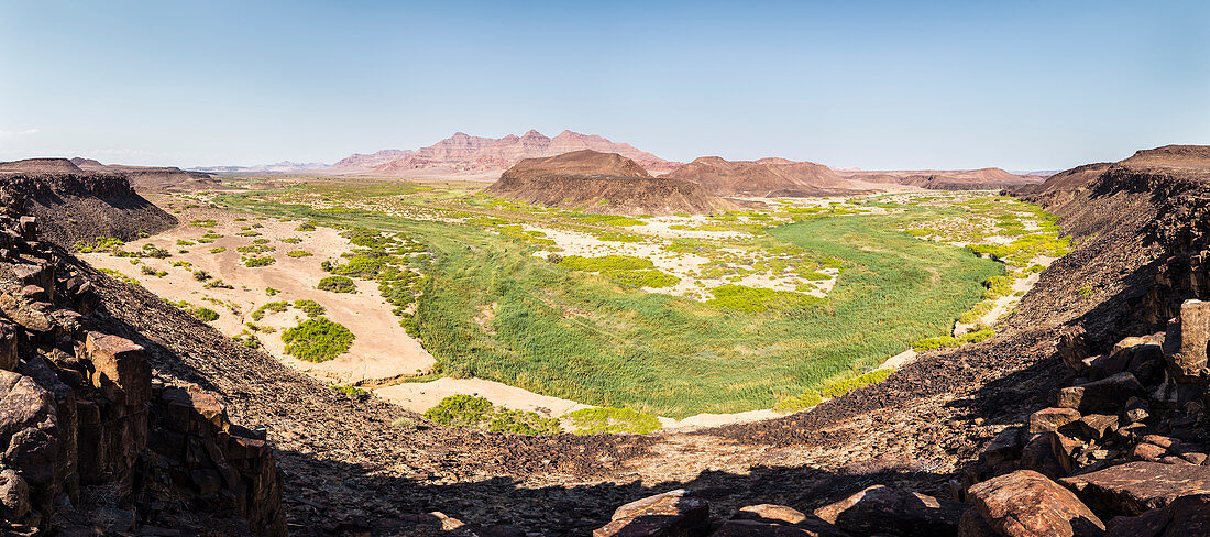 Grün umgeben von Wüste: Vegetation in einer Biegung des Huab Flusses, Damaraland, Kunene, Namibia