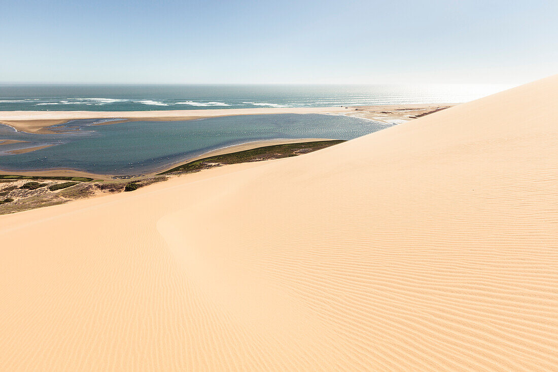 The lagoon of Sandwich Harbour, seen from Dunes above, Walvis Bay, Erongo, Namibia, Africa.