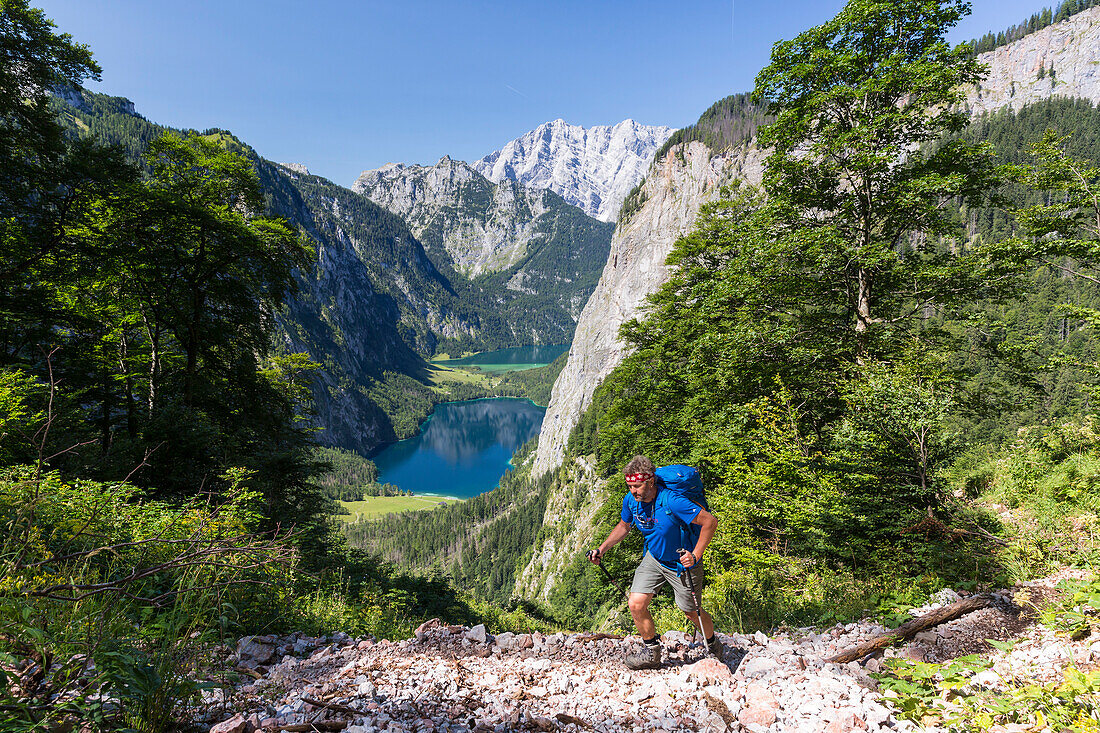 Watzmann, Obersee, Königssee, seen from the Alpine trail to Wasseralm, Berchtesgaden National Park, Berchtesgadener Land, Bavaria, Germany, Europe