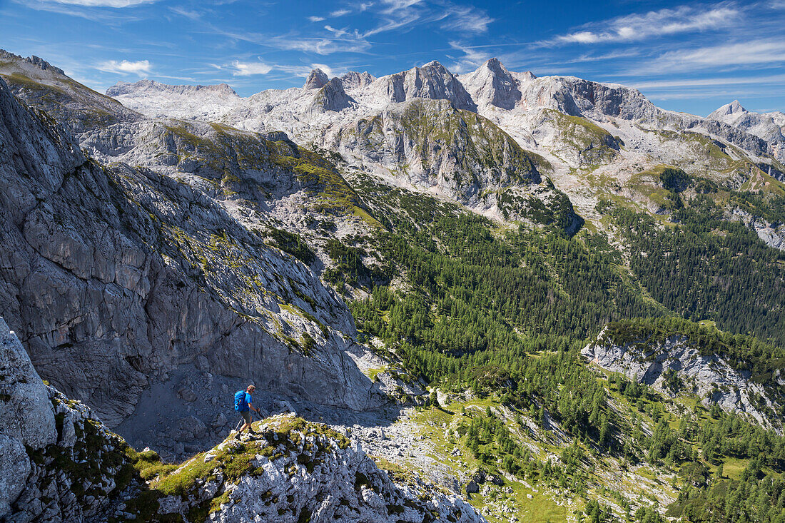 Steinernes Meer, seen from Grosses Teufelshorn with hiker, Berchtesgaden National Park, Berchtesgadener Land, Bavaria, Germany, Europe