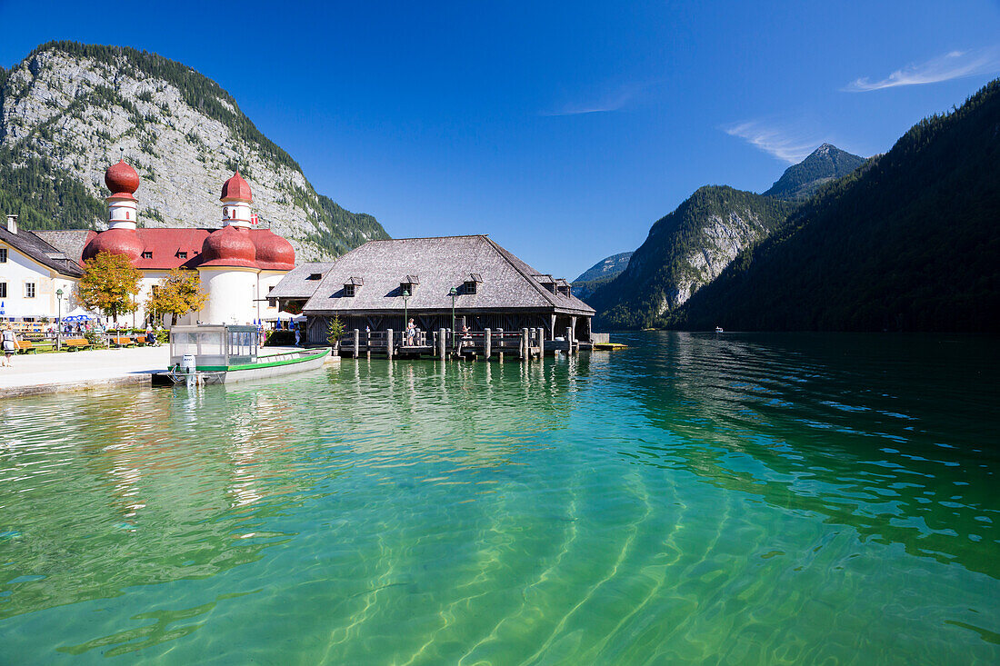 Königssee and St. Bartholomä, Berchtesgaden National Park, Berchtesgadener Land, Bavaria, Germany, Europe