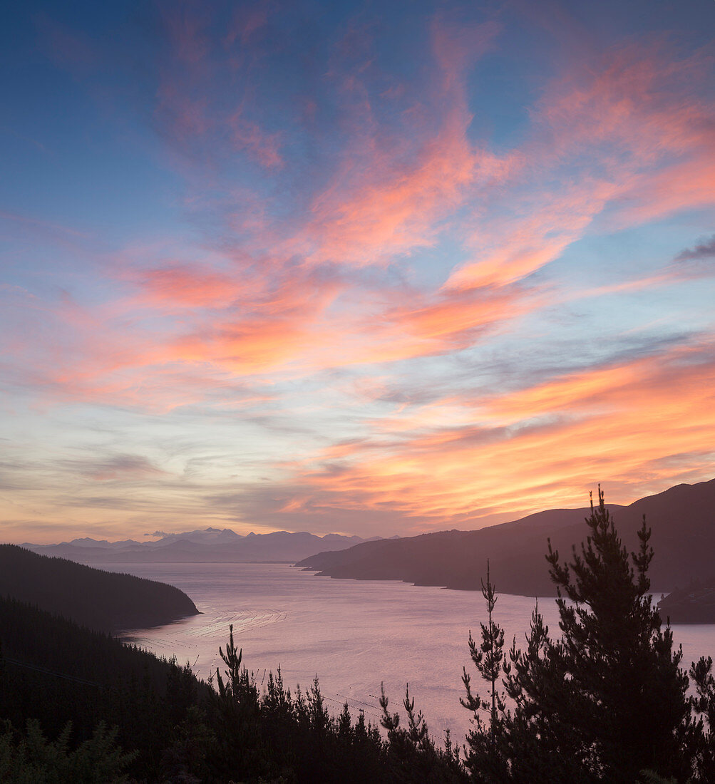 Marlborough Sounds in der Dämmerung, Südinsel, Neuseeland, Ozeanien