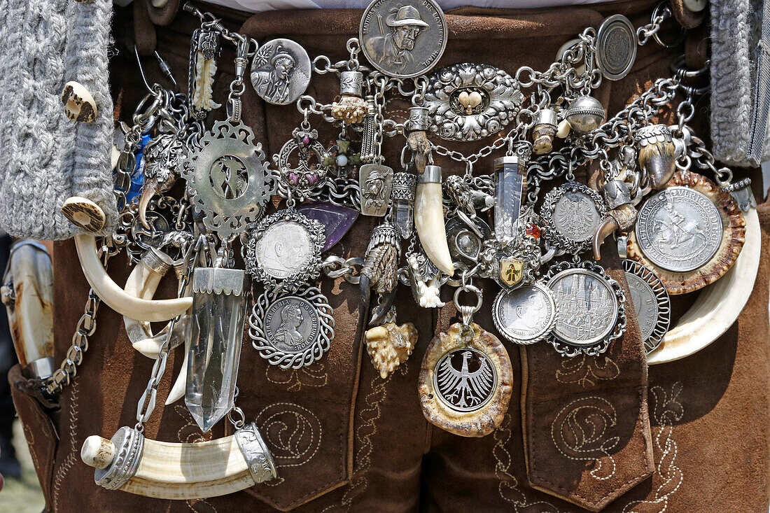 Schariwari, a chain with coins, crystals etc is part of the traditional bavarian male outfit, Munich, Upper Bavaria, Bavaria, Germany