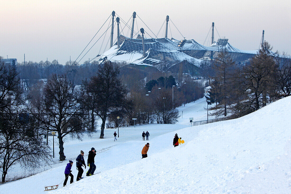 Winter, Roof of the Olympic stadion, Olympic park, Munich, Upper Bavaria, Bavaria, Germany