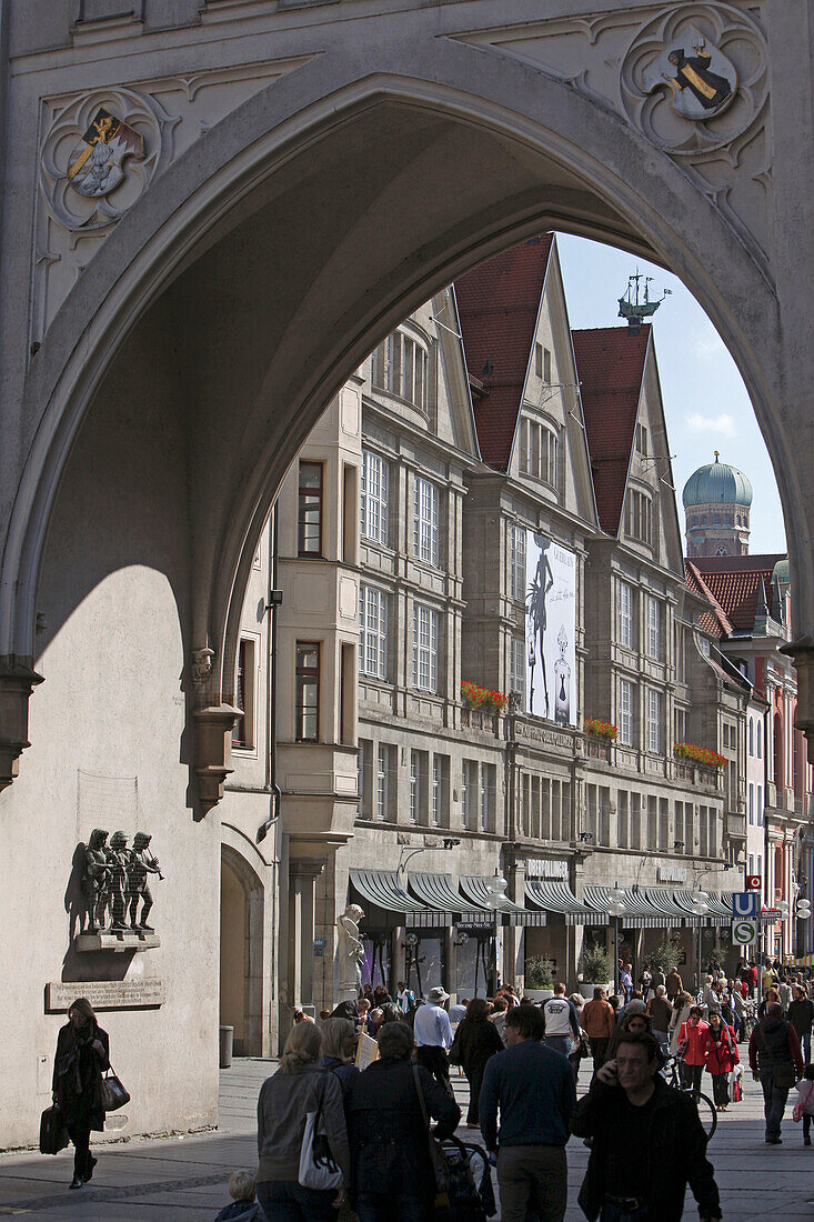 View through Karlstor to Karstadt, Haus Oberpollinger department store, Karlsplatz, Stachus, Munich, Upper Bavaria, Bavaria, Germany
