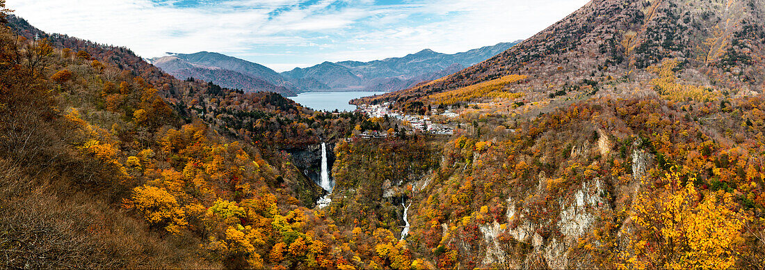 Big panorama of Nikko Kegon Falls and Lake Chuzenji colorful in autumn, Nikko, Tochigi Prefecture, Japan
