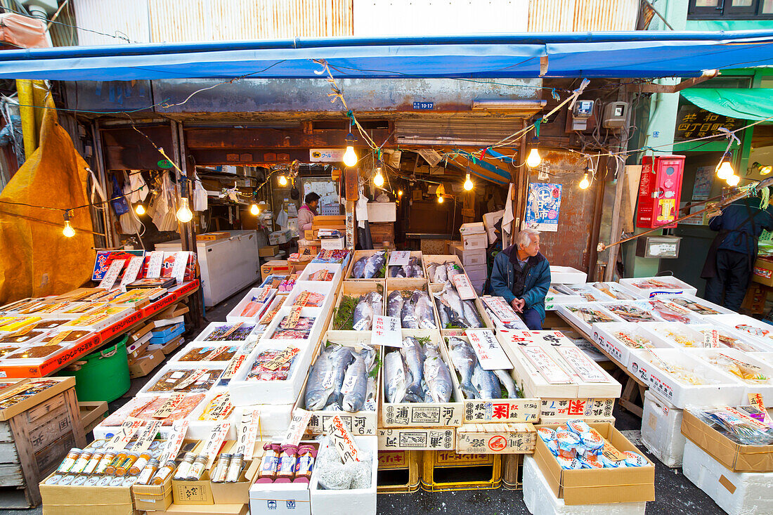 Shop selling salmon and other fish at Tsukiji Outside Market, Chuo-ku, Tokyo, Japan