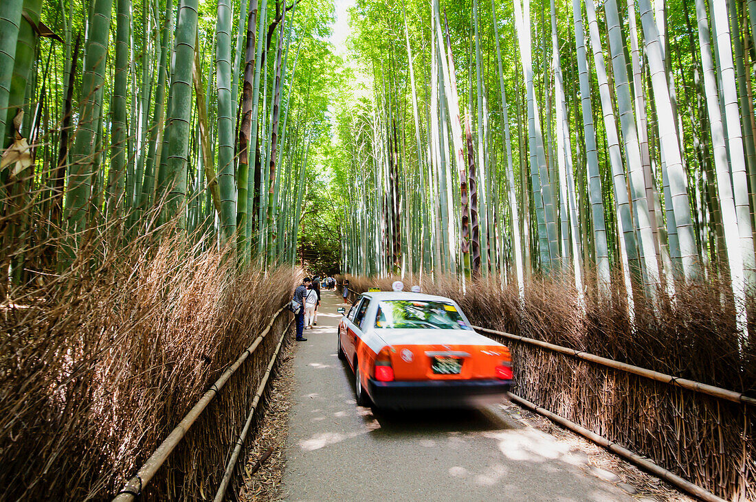 Arashiyama Bamboo Forest with tourists and red taxi, Sagaogurayama, Kyoto, Japan