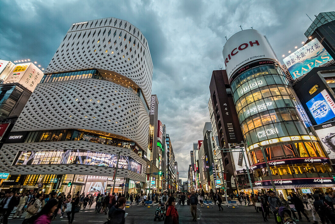 Kreuzung mit Fußgängern am Ginza Place und Ricoh Imaging Square während blauer Stunde mit Wolken, Ginza, Chuo-ku, Tokio, Japan