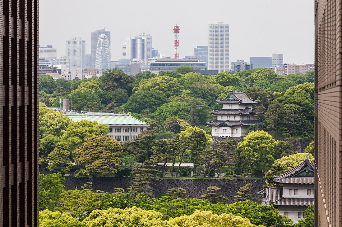 Kaiserpalast in einer Lücke zwischen zwei Hochhäusern, Chiyoda-ku, Tokio, Japan