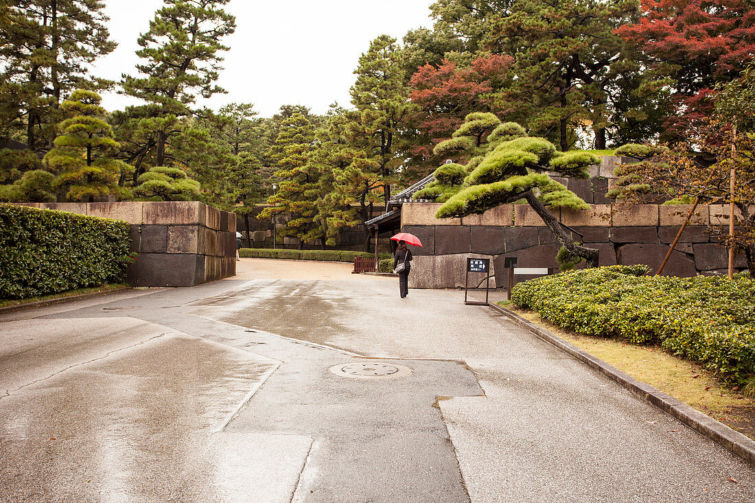 Frau mit rotem Regenschirm betritt Ostgarten des Kaiserpalast, Chiyoda-ku, Tokio, Japan