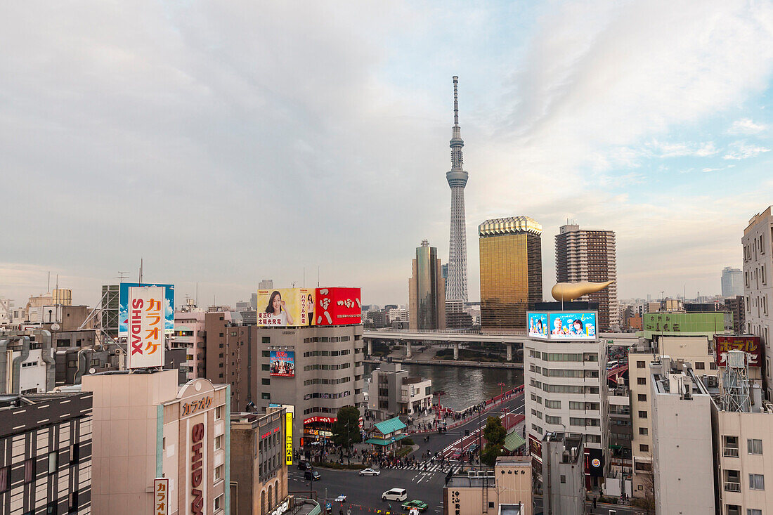 Skytree and Sumida River seen from roof of Asakusa Tourist Information Center, Taito-ku, Tokyo, Japan