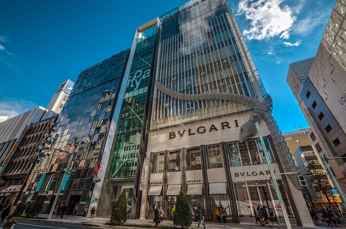 Luxury shops on a weekend at Ginza, Chuo-ku, Tokyo, Japan