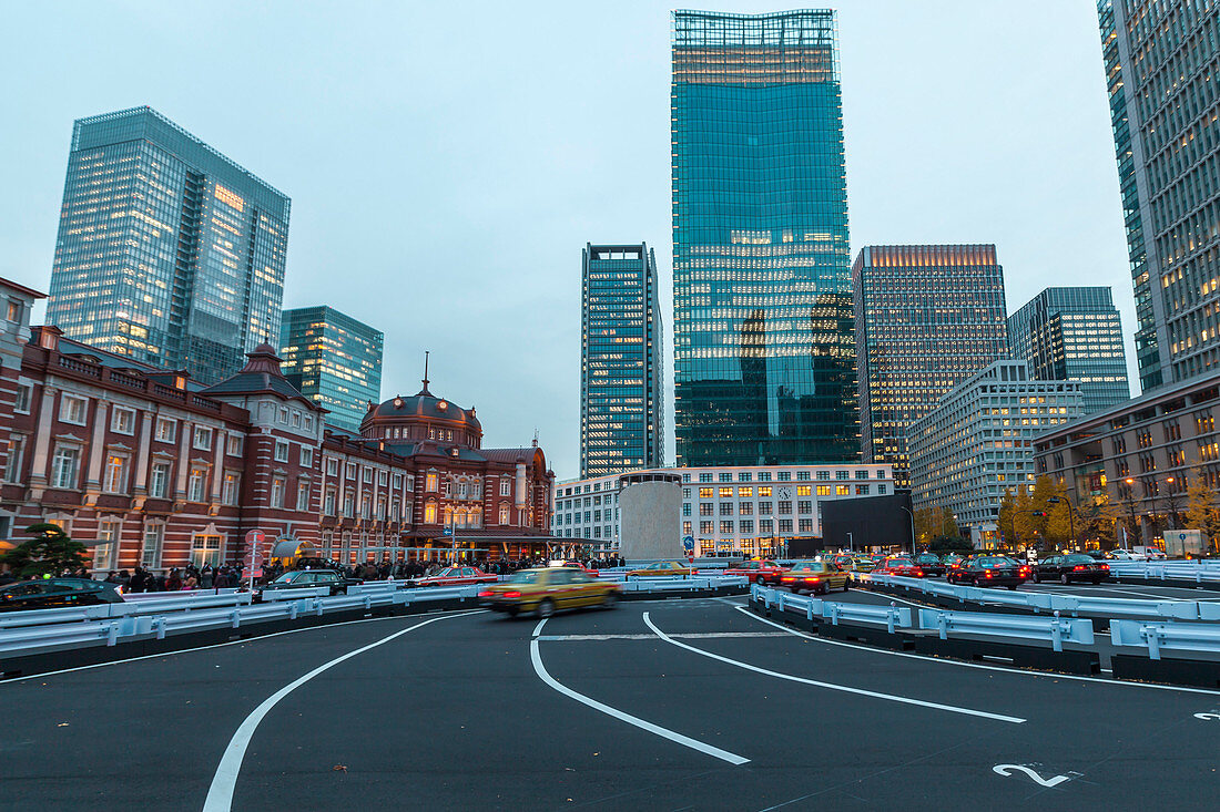 Taxi queue in front of Tokyo Station at blue hour, Chuo-ku, Tokyo, Japan