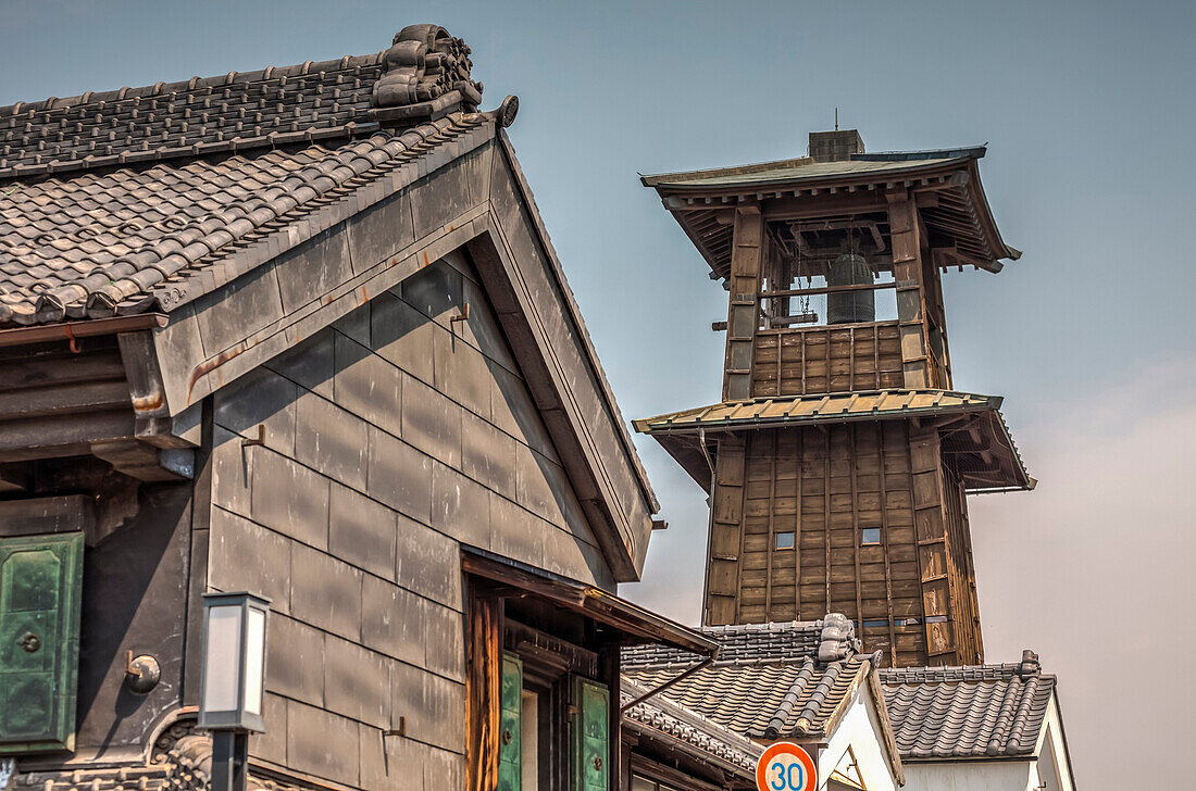 Old wooden clock tower Tokinokane and Kurazukuri in Kawagoe, Saitama Prefecture, Japan