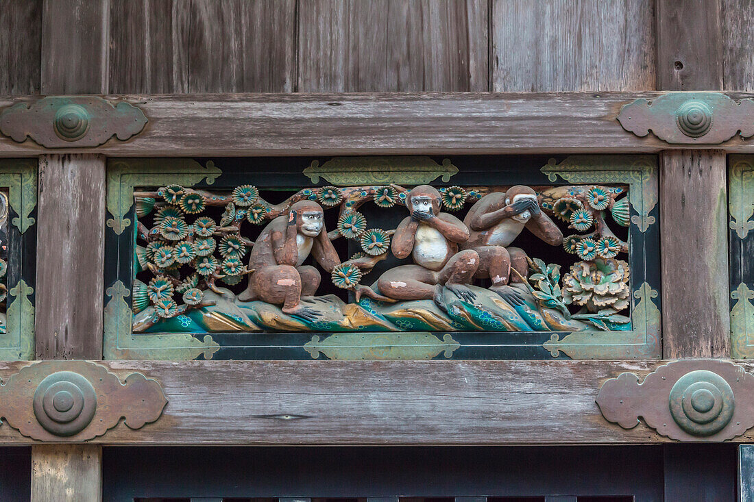 Close-up of famous three apes carving at Toshogu-Shrine, Nikko, Tochigi Prefecture, Japan