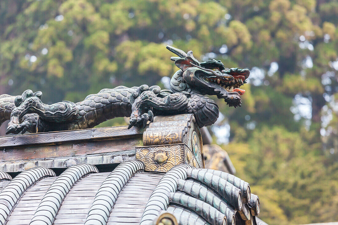 Großaufnahme eines Drachen auf einem Dach im Toshogu-Schrein, Nikko, Tochigi Präfektur, Japan