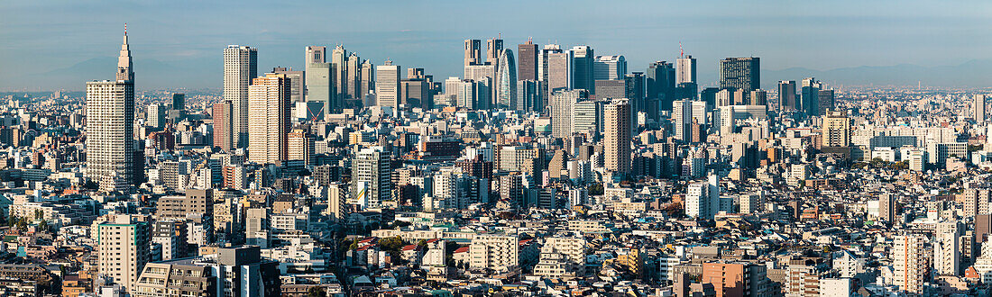 Shinjuku Skyline mit Berg Fuji hinter Wolken am frühen Morgen, Tokio, Japan