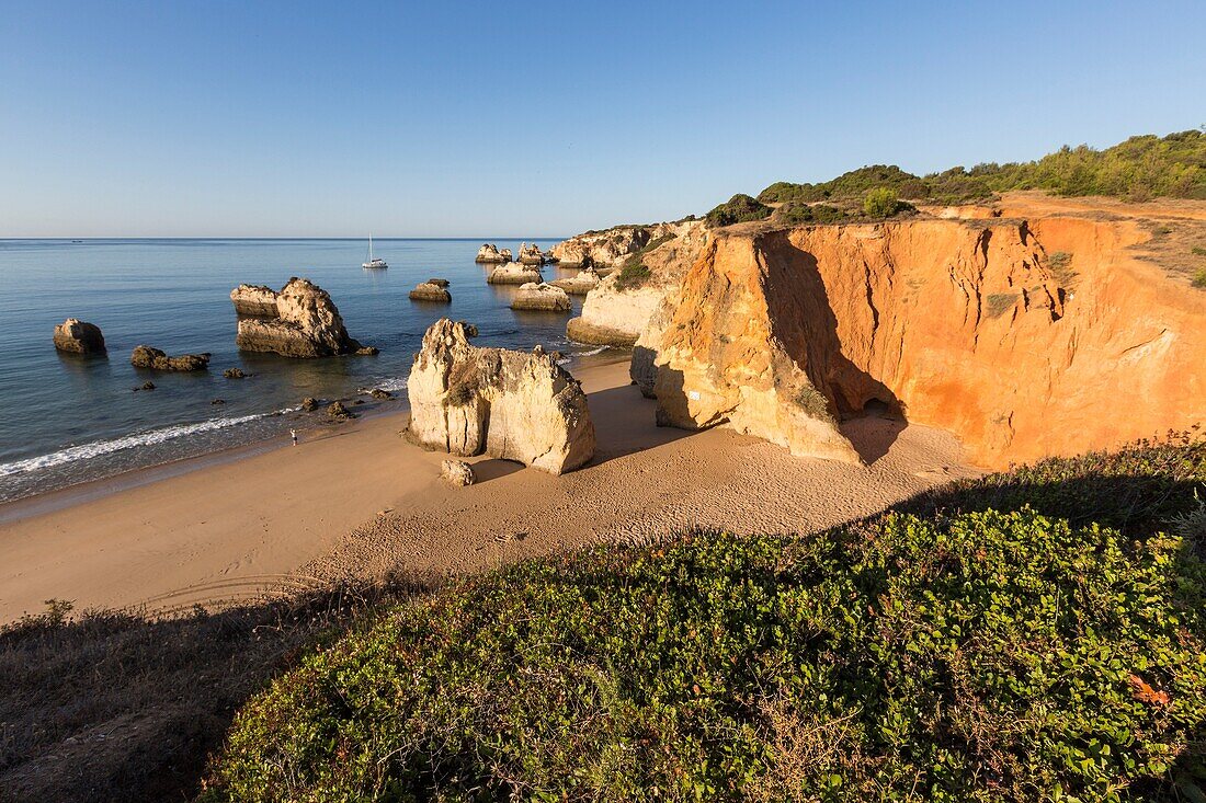 Top view of the sandy beach bathed by the blue ocean at dawn Praia do Alemao Portimao Faro district Algarve Portugal Europe.