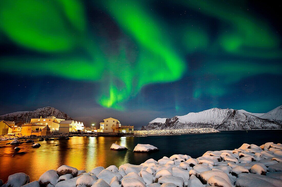 Mefjiorvaer with Northern light. Senja archipelago, Norway.