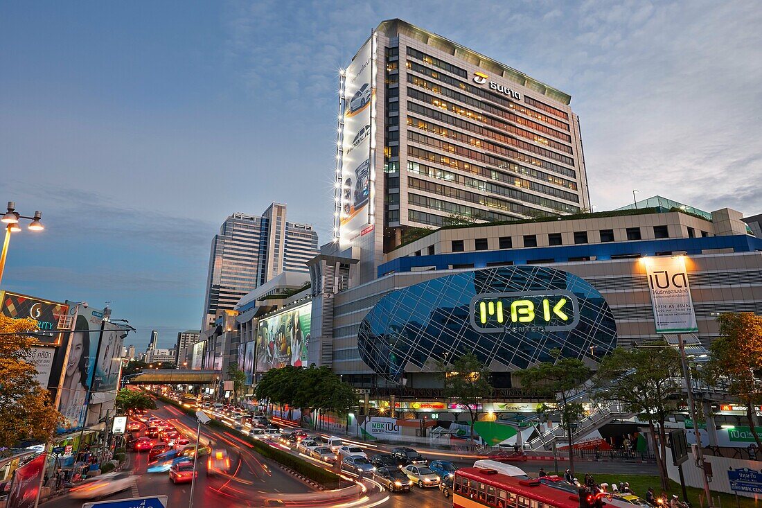 Phayathai Road and MBK Shopping Center at dusk. Bangkok, Thailand.