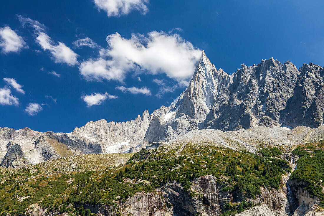 Aiguille du Dru, Mer de Glace and Montenvers, Chamonix Mont-Blanc, Haure-Savoie, Rhône-Alpes, France.