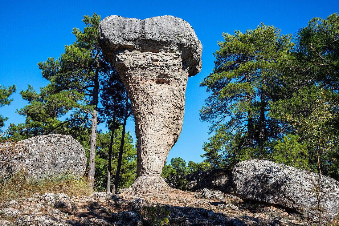 Eroded limestone outcrop in La Ciudad Encantada, The enchanted City, Park in the Serrania de Cuenca, Castilla-la Mancha, Central Spain.