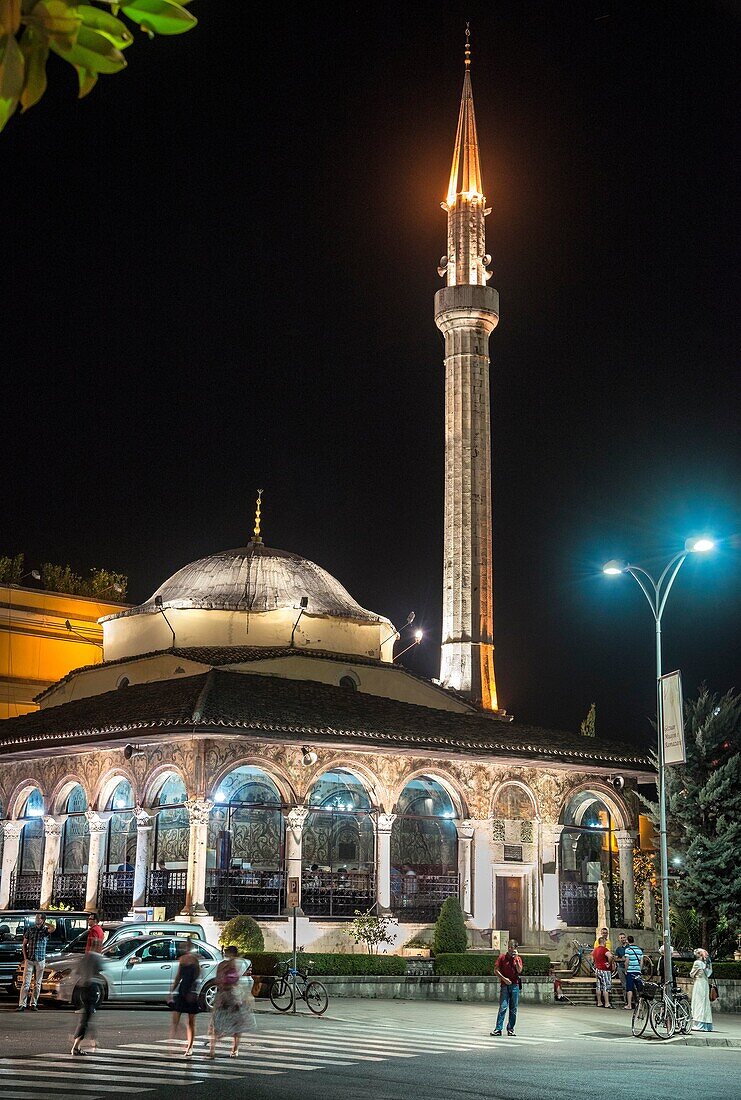 The Et'hem Bey Mosque at night on Skanderbeg Square, Tirana, Albania,.