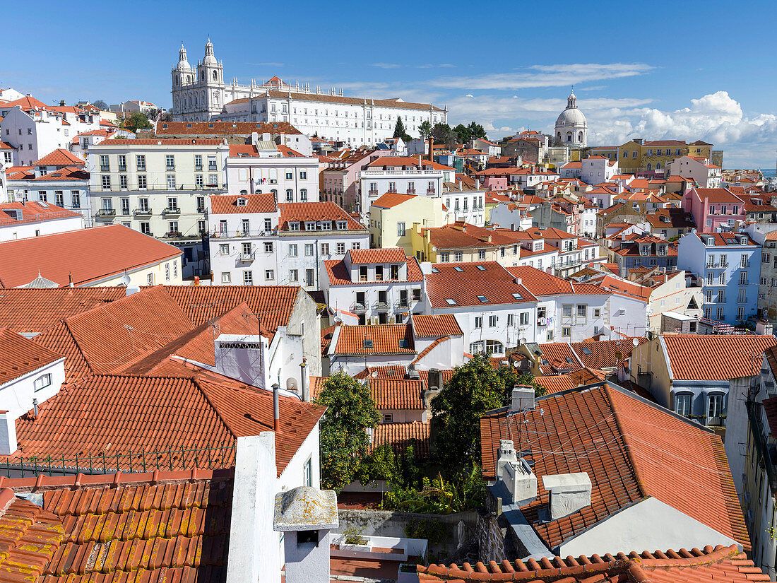 View over the sea of houses of the Alfama, the old town dating back to moorish times. Lisbon (Lisboa) the capital of Portugal. Europe, Southern Europe, Portugal, March.
