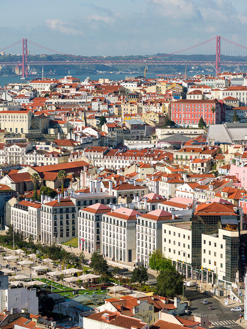 View over the quarters Baixa and Bairro Alto towards river Tagus (Rio Tejo). Lisbon (Lisboa) the capital of Portugal. Europe, Southern Europe, Portugal, March.