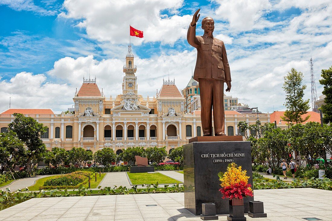 Ho Chi Minh Statue in front of People’s Committee Building. Ho Chi Minh City, Vietnam.