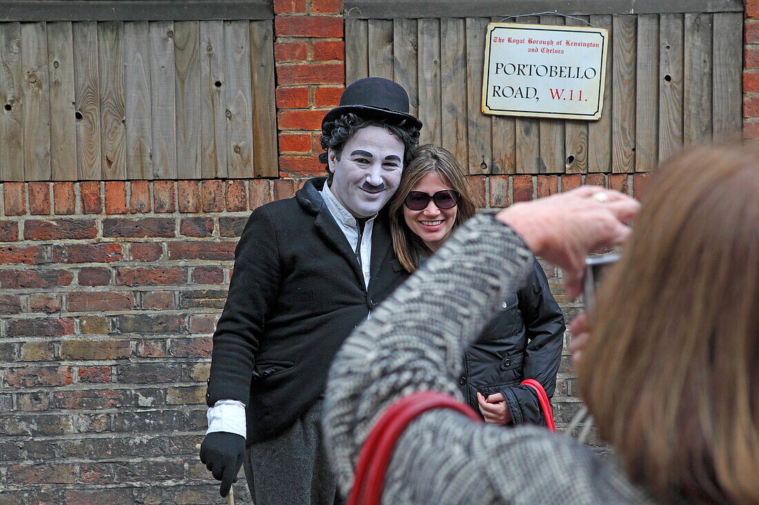 Charlie Chaplin impersonator, Portobello Road, Notting Hill, London, Great Britain