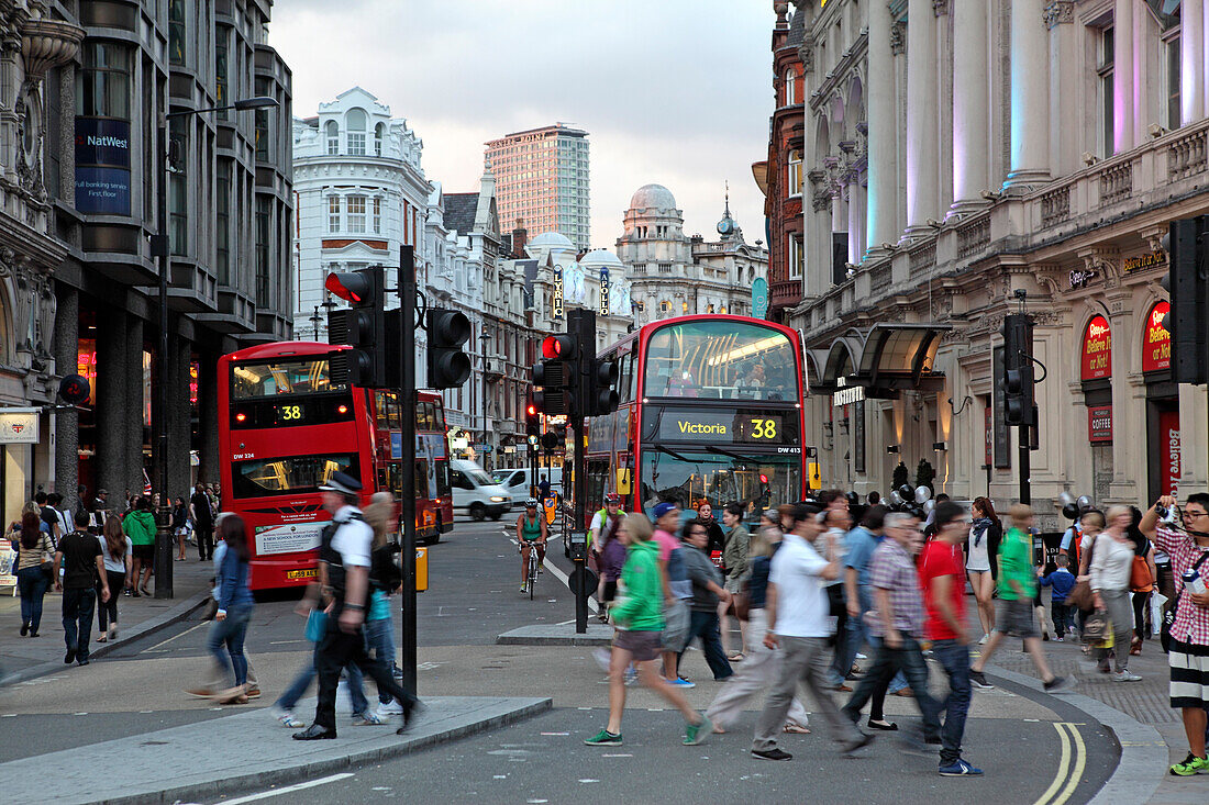 Picadilly Circus and view into Shaftesbury Avenue, St. James's, London, Great Britain