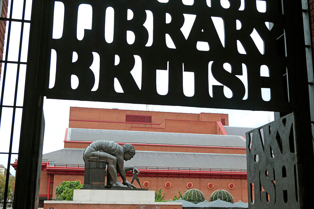 'British Library and Statue ''Newton after William Blake'' by Eduardo Paolozzi, Euston Road, Kings Cross, London, Great Britain'