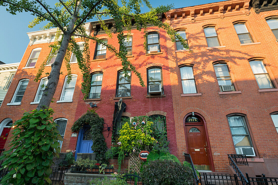 zu Halloween dekoriertes Wohnhaus am Cobble Hill, Brooklyn, Long Island, New York City, New York, USA