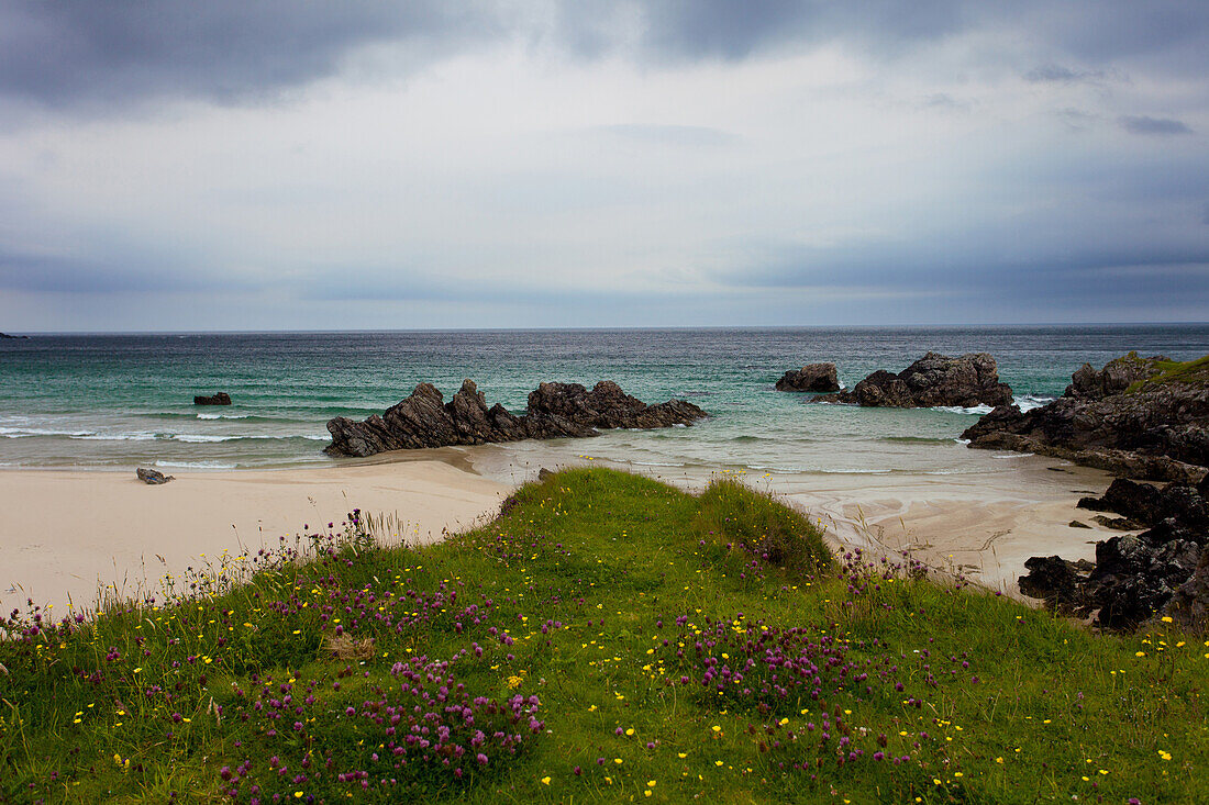 Beach, sand, cliffs, summer, grass, highlands, coast, scotland
