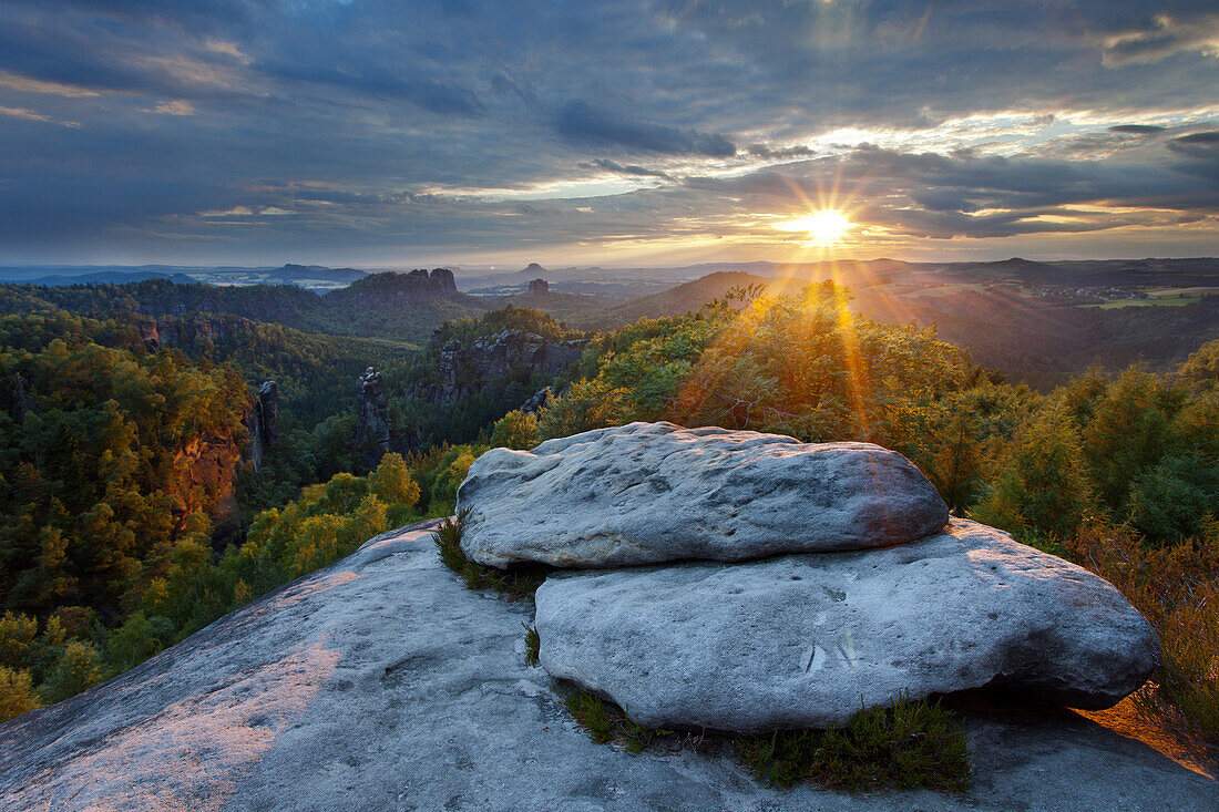 Sunset, Forest, Carolafelsen, National Park, Saxon Switzerland, Saxony, Germany