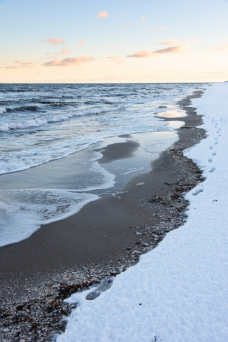 Sunrise, Beach, Winter, Snow, Stroll, Baltic Sea, Darss, Zingst, Germany