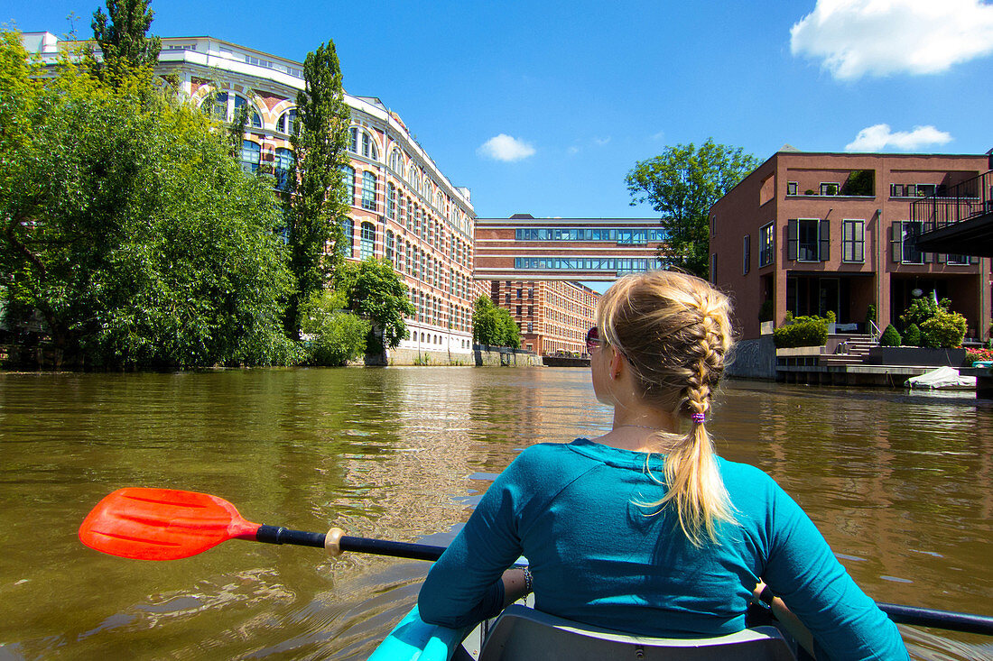 Young Woman, Paddle, Weiße Elster, Summer, Saxony, Plagwitz, Leipzig, Germany