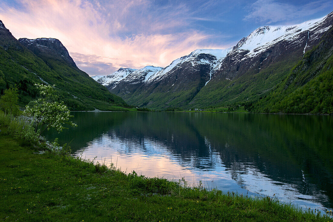 Spring, Lake, Mountains, Snow, Olden, Fjordane, Norway, Europe