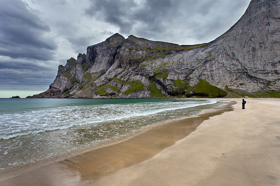 Beach, Sand, Mountains, Ocean, Bunes, Person, Moskenesoya, Lofoten, North, Norway, Europe