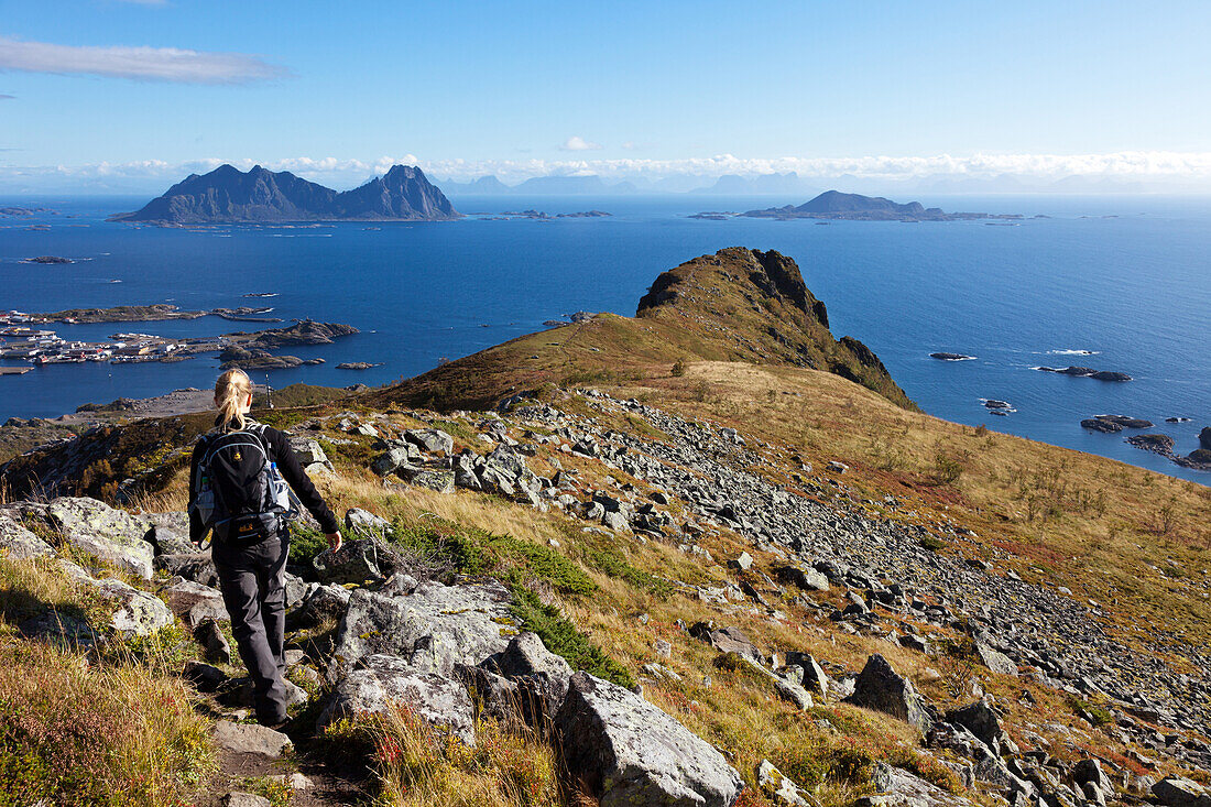 Young Woman, Hiking, View, Tjeldbergtinden, Austvagoya, Lofoten, Norway, Europe