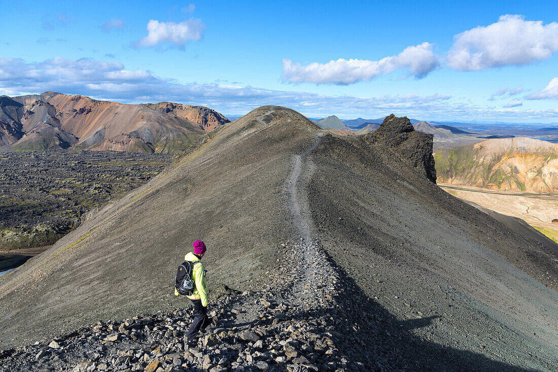 Hiker, Young Woman, Summit, Ridge, Landmannalaugar, Highlands, Iceland, Europe