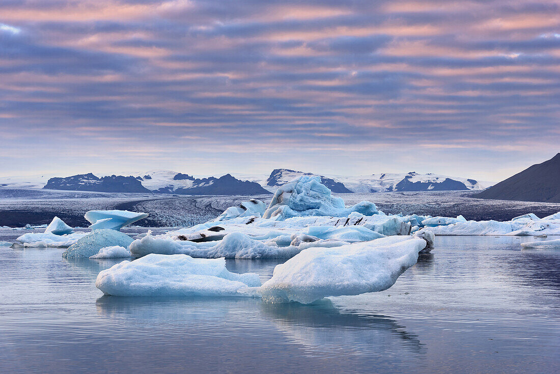 Sunset, Icebergs, Reflection, Glacier, Bay, Mountains, Iceland, Europe