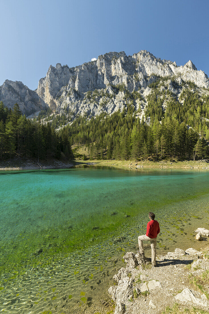 Green lake, one person, Oberort, Hochschwab region, Styria, Austria