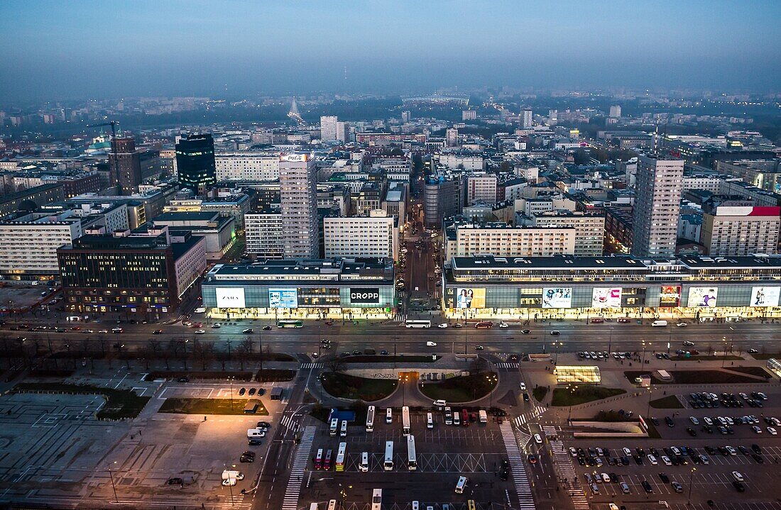 Aerial view from Palace of Culture and Science on Marszalkowska Street - one of main streets in Warsaw, Poland.