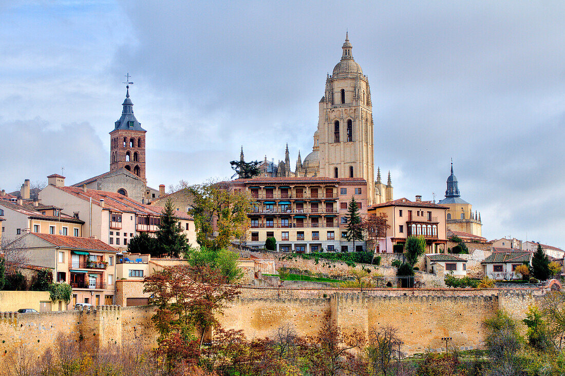 View of the City Walls, the Cathedral and the church of San Andres. Segovia, Castile-Leon, Spain