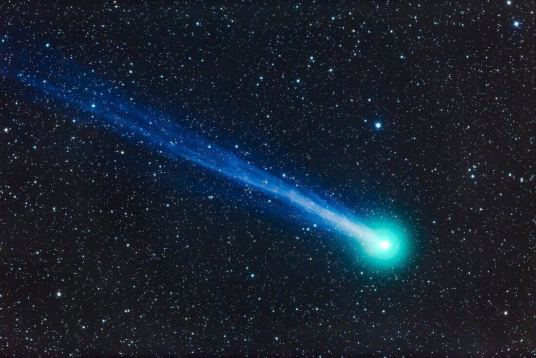 A telescopic closeup of Comet Lovejoy (C/2014 Q2) on January 19, 2015. I shot this from near Silver City, New Mexico, using a TMB 92mm apo refractor at f/4. 4 and using a Canon 6D at ISO 1600 for a stack of 4 x 5 minute exposures. The ion tail is primaril