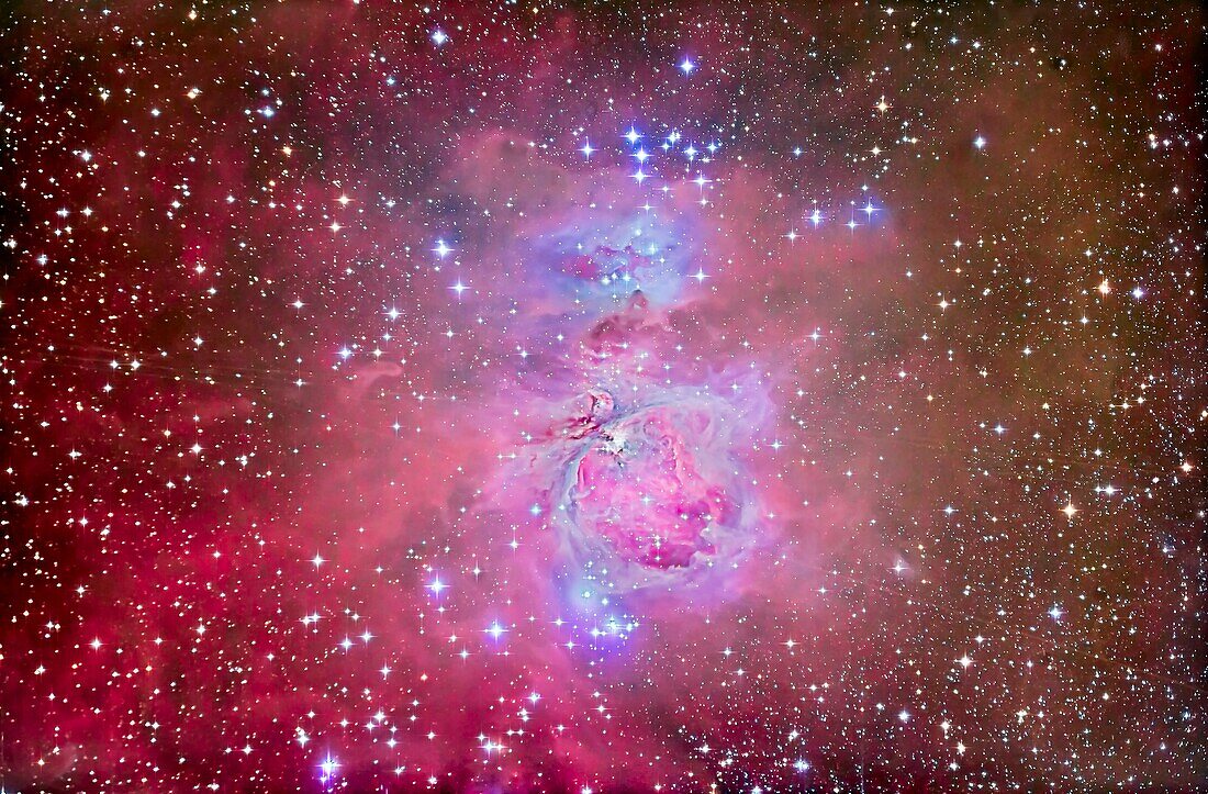 The Orion Nebula, M42 and M43, with surrounding associated nebula and star clusters, such as the Running Man Nebula above (NGC 1975) and blue star cluster above it, NGC 1981.This is one of the most often photographed but most challenging dee-sky objects t